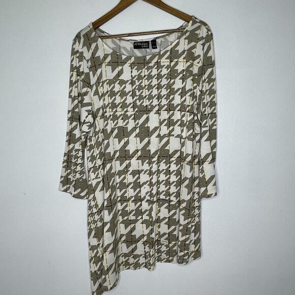 Attitudes by Renee Tunic Top Womens XL Brown White Houndstooth Print 3/4 Sleeve - Picture 1 of 7